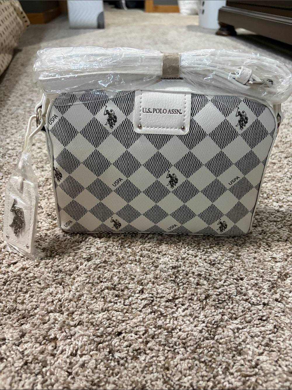 U.S. Polo Assn. White and Gray Diamond Print Crossbody Bag